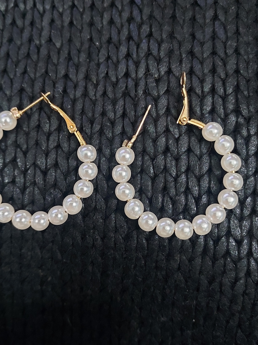 Gold Pearl Hoop Earrings - White Pearlescent Beads